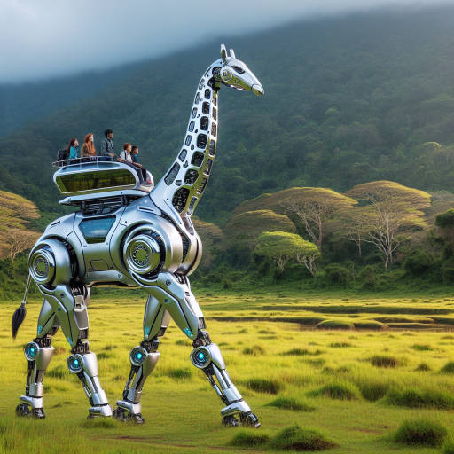 Imagine a futuristic robot giraffe roaming a lush wildlife reserve, carrying passengers on its back as it gracefully strides through the landscape.