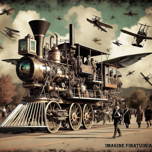 Imagine a futuristic transport vehicle designed by a team of brilliant scientists for a historical reenactment event. The vehicle combines advanced technology with elements from the past, resembling a steam-powered locomotive with wings and hover capabilities. Create an image that showcases this unique and imaginative vehicle in action, transporting costumed participants through a dynamic and fantastical landscape.