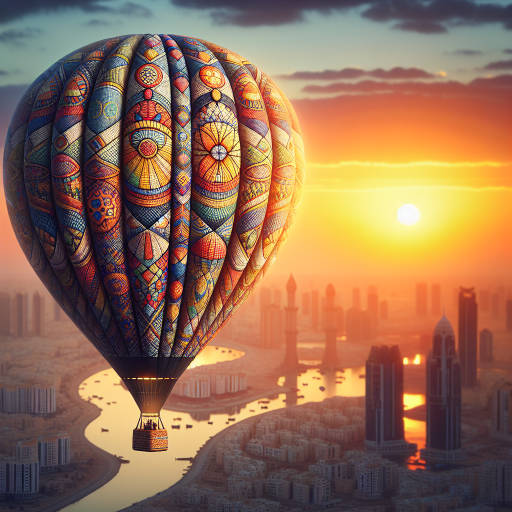 Imagine a whimsical hot air balloon drifting through a stunning sunset sky, with intricate macro photography capturing the details of the vibrant colors and intricate patterns of the balloon's fabric.