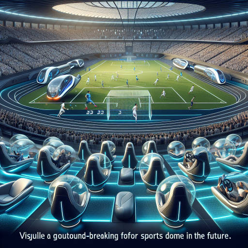 "Imagine a futuristic sports arena with sleek, aerodynamic seating inspired by luxury car interiors, where athletes compete using high-tech transportation pods instead of traditional equipment. Create an image capturing the dynamic and innovative fusion of sports, interior design, and transport in this cutting-edge arena."