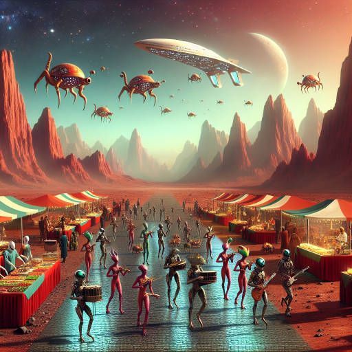 Create an image of a futuristic cultural festival on Mars, with alien performers and intergalactic food vendors, all set against the backdrop of a stunning Martian landscape with a spaceship hovering in the distance.