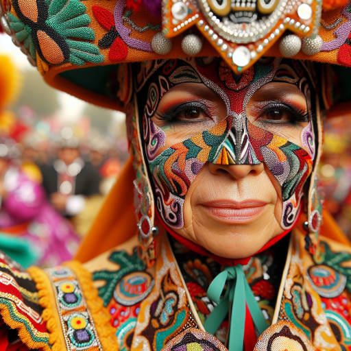 Capture an intricate close-up shot of a traditional cultural festival performer, showcasing the vibrant colors and textures of their costume as well as the emotions in their eyes.