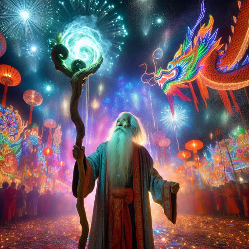 Create an enchanting image of a wizard casting spells under a vibrant sky illuminated by the colorful lights and decorations of a cultural festival.