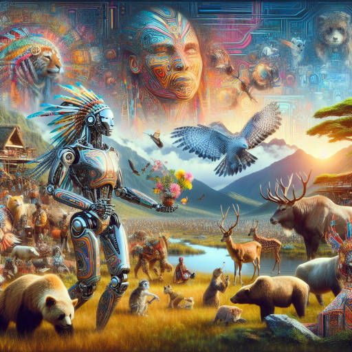 Imagine a futuristic robot adorned with intricate tribal markings, participating in a vibrant cultural festival alongside wild animals from around the world. The scene is filled with pulsating energy and a harmonious blend of technology, nature, and tradition. Capture this mesmerizing fusion in a single image.