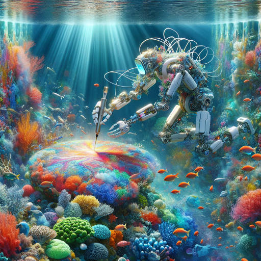 Create an image of a mesmerizing underwater world filled with colorful coral reefs and exotic sea creatures, all being painted by a robotic artist with precision and creativity that rivals even the most talented human painters.