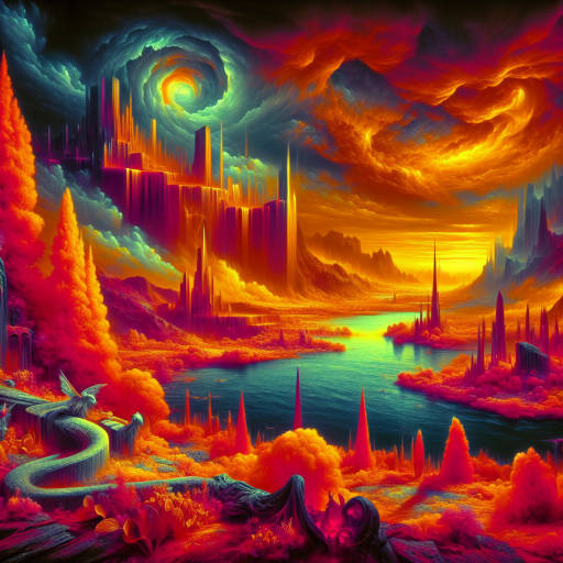 Create an epic scene depicting an otherworldly landscape bathed in vibrant infrared hues, as if painted by a master artist with a surreal twist.