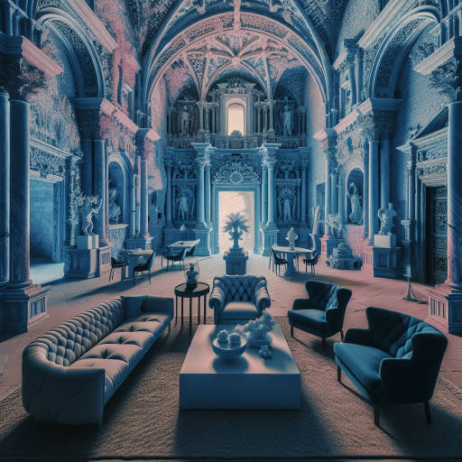 Imagine an ancient, abandoned castle filled with modern, sleek furniture and decor, all bathed in a surreal and haunting infrared light. Capture the juxtaposition of old and new in a single, striking image that tells a story of time and transformation.