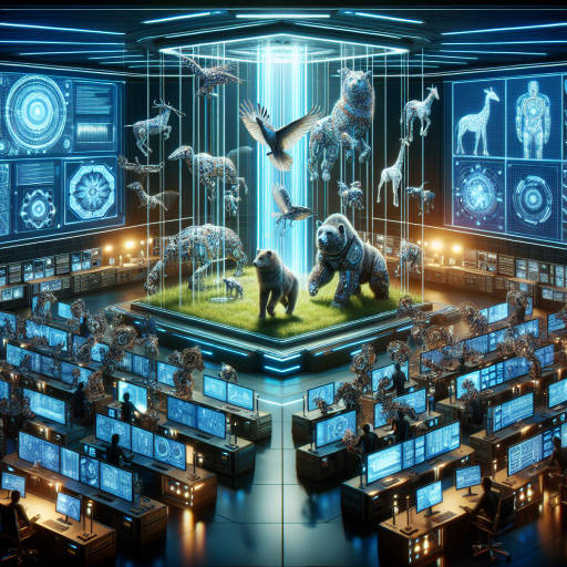 Create an image of a futuristic laboratory where robotic animals are being created using advanced technology, blending together elements of art, science, and wildlife in a dazzling display of creativity.