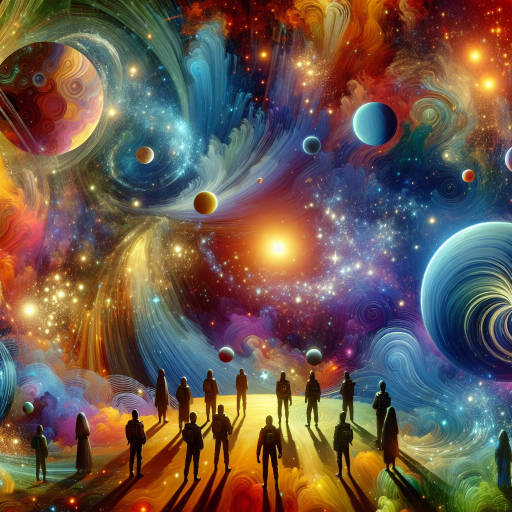 Create an artistic interpretation of a group of extraterrestrial beings exploring a colorful, abstract galaxy filled with swirling clouds of stardust and vibrant planets.