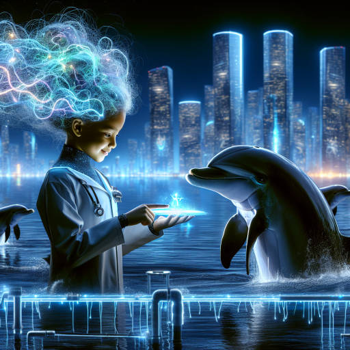 In a futuristic world where humans have evolved to communicate with animals through advanced technology, a group of scientists use their newfound abilities to study a tribe of intelligent dolphins living in an underwater city. Capture the moment when a young girl, with her hair braided with glowing bioluminescent strands, shares a holographic tablet with a curious dolphin as they exchange information and form a deep connection beyond language.