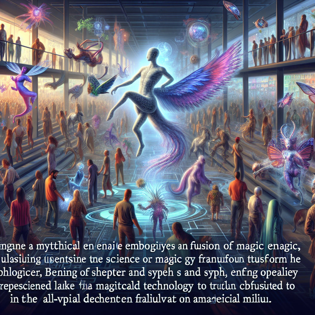 "Imagine a mythical creature merging science and fantasy, utilizing advanced technology to revolutionize the business world. Illustrate this creature in a bustling marketplace, where its unique abilities are sought after by both humans and magical beings alike."