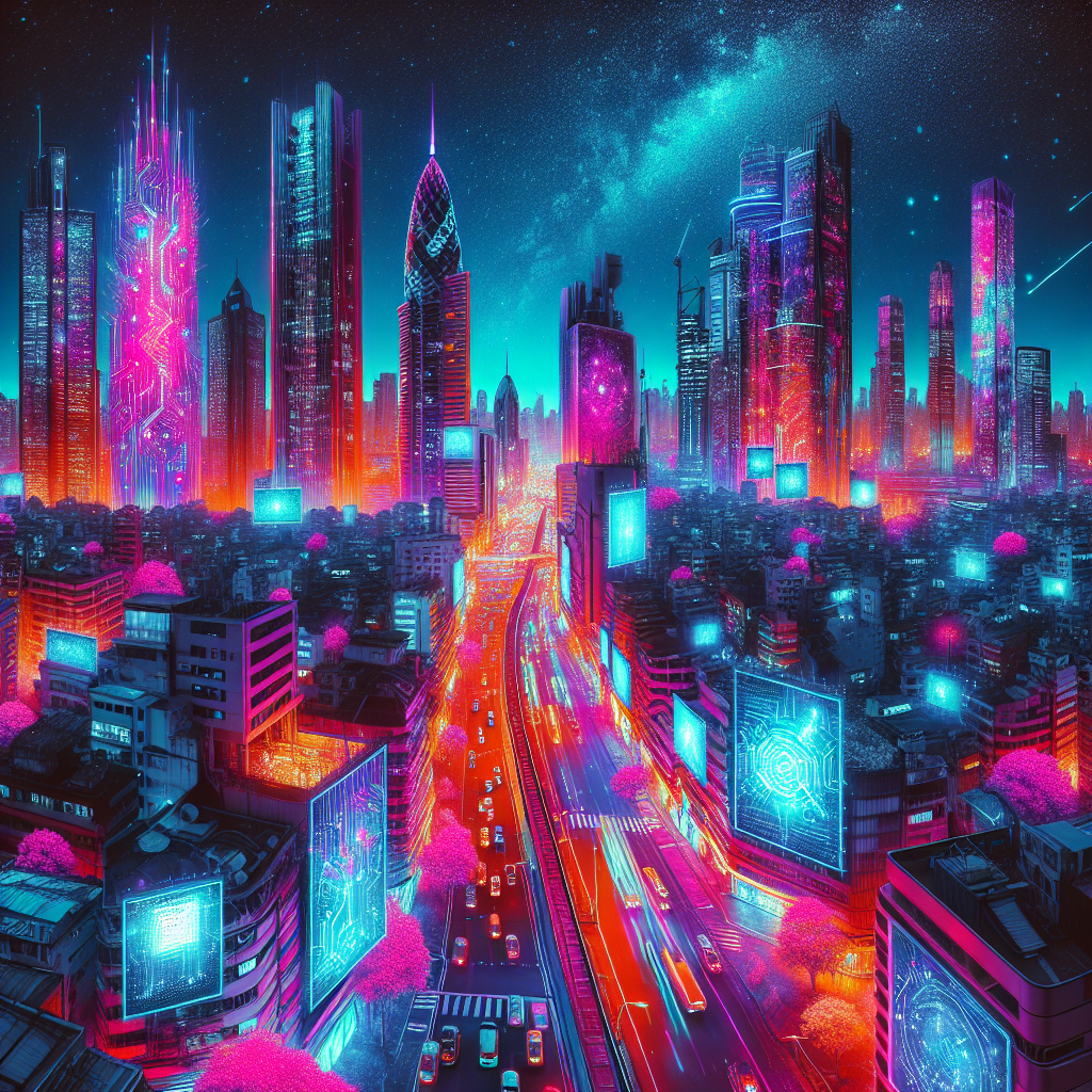 Create an image of a vibrant cityscape filled with futuristic street art created using infrared photography techniques, showcasing advanced technology integrated into the artwork itself.