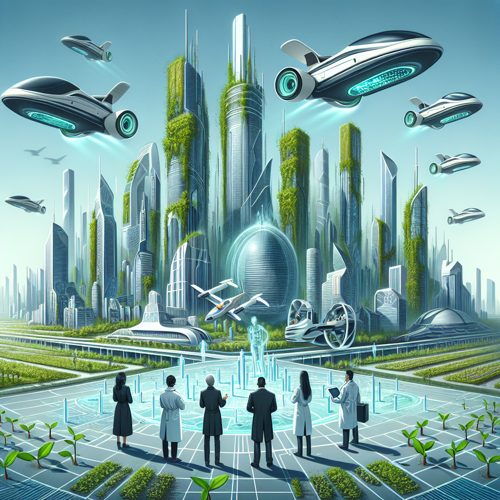 Imagine a futuristic cityscape where hovercrafts transport people through the sky, while towering skyscrapers are powered by renewable energy sources and covered in lush greenery. In the streets below, scientists in high-tech suits conduct experiments on the latest advancements in biotechnology, as a diverse group of people from all walks of life marvel at the marvels of science and technology unfolding before them.