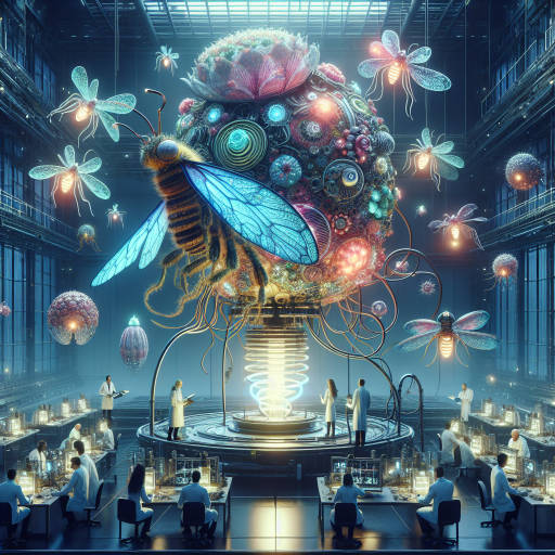 Create an image of a fantastical machine that harnesses the power of bioluminescent animals to fuel a futuristic laboratory, where scientists are conducting experiments on gravity-defying creatures that blend elements of both insects and sea life.