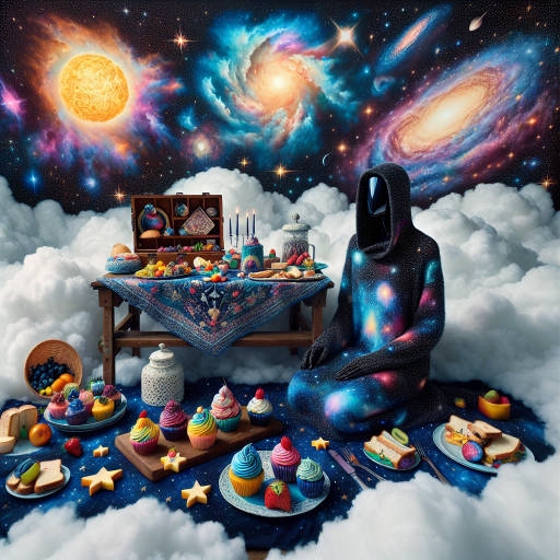 Create an image of a whimsical picnic in the clouds, featuring a colorful array of celestial-inspired dishes and a portrait of a mysterious figure gazing up at the stars.