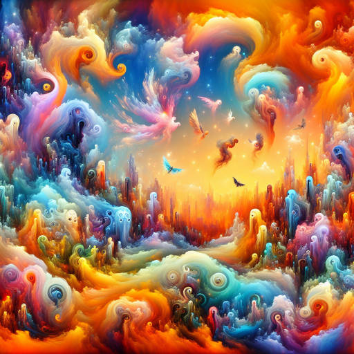 Imagine a vibrant painting of a surreal sky filled with whimsical creatures and abstract shapes, where the colors blend together in a magical dance of light and shadow. Create an image that transports the viewer to a fantastical world where anything is possible and imagination knows no bounds.