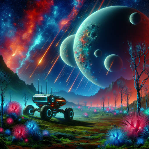 Create an image of a futuristic space rover exploring a lush alien planet teeming with colorful and exotic wildlife, under the watchful gaze of a distant supernova in the night sky.