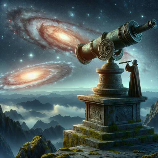 Create an image of a majestic, ancient telescope situated on a crumbling, overgrown stone platform high atop a mountain peak, under a sky filled with swirling galaxies and constellations, while a lone figure wearing a cloak gazes through the eyepiece at a distant, shimmering star.