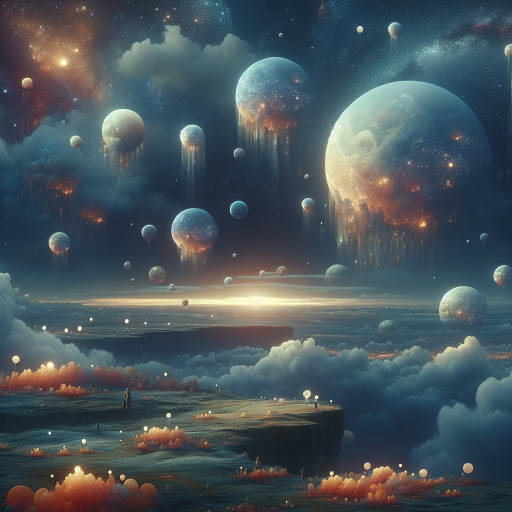 Create an image depicting a surreal landscape where planets and stars are suspended in the sky like floating islands, with surreal creatures made of stardust roaming the surface below.