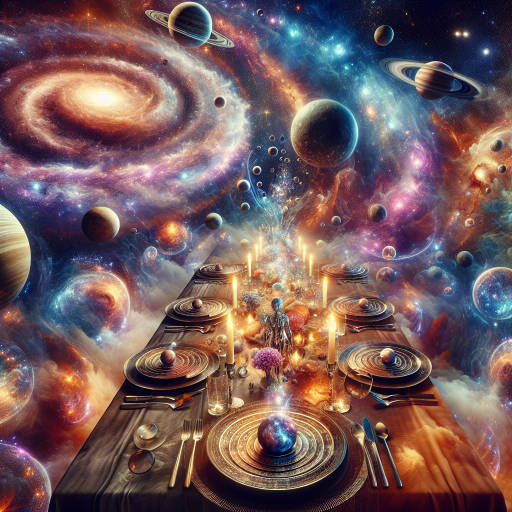 Create an image of a cosmic feast fit for gods in the depths of space, with planets as plates and galaxies as the backdrop, showcasing an epic banquet of interstellar cuisine.