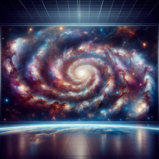 Imagine a colossal, celestial art installation in outer space, where vibrant galaxies and shimmering stars are carefully arranged to create an epic masterpiece that showcases the beauty and wonder of the universe.