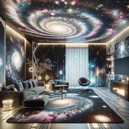 Create an painting of a celestial-inspired interior design, where swirling galaxies and stars are integrated seamlessly into the furniture and decor of a futuristic living space.