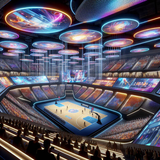 Create an image showcasing a futuristic sports arena filled with mind-bending optical illusions and cutting-edge interior design elements that seamlessly blend technology and athleticism.