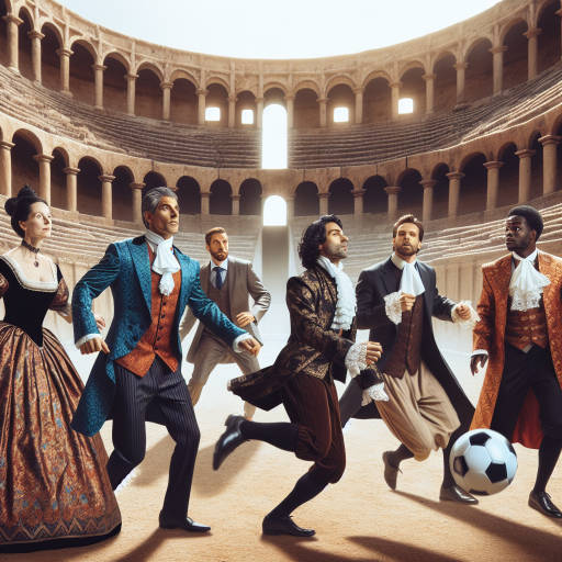 Imagine a historical reenactment where business executives are dressed in period clothing and playing a game of soccer in an ancient coliseum. How would they strategize and work together to achieve victory on the field while staying true to the customs of the past? Create an image capturing this unique and creative combination of historical reenactments, business, and sports.