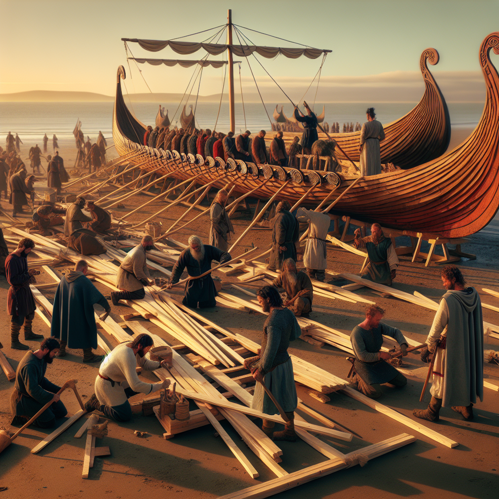 Create an image of a group of people dressed in historically accurate Viking costumes, using modern technology and technics to build a traditional longship on a beach at sunset.