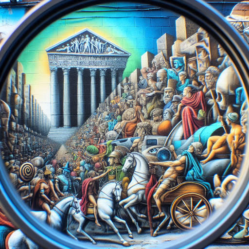 Imagine a historical reenactment of ancient civilizations portrayed through vibrant street art murals, captured in stunning detail through macro photography. Explore the intricate details of these larger-than-life scenes, where each brushstroke and texture tells a story of the past brought to life in a modern, urban setting.