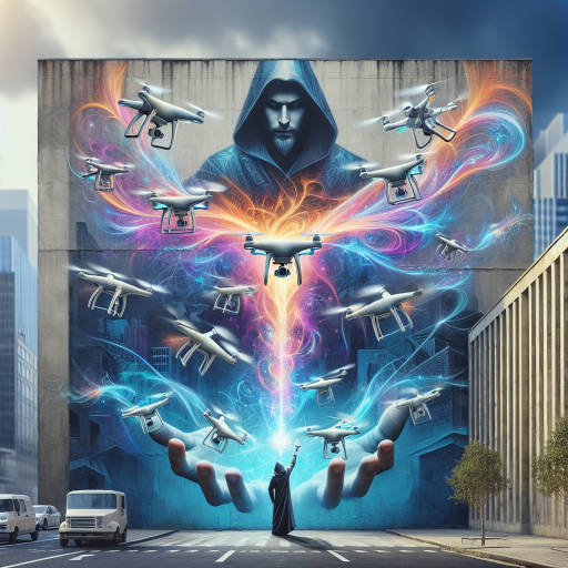 Imagine a street art mural depicting a powerful wizard controlling a fleet of drones with colorful streams of magic. The drones swirl around the wizard as they carry out his magical bidding, creating a mesmerizing and fantastical scene on the city streets. Capture this unique and imaginative fusion of street art, drone photography, and wizardry in a single stunning image.