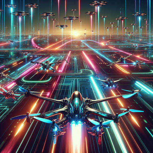 Create a vibrant painting depicting a futuristic drone race, where sleek drones soar through neon-lit obstacles in a high-speed adrenaline-fueled competition.