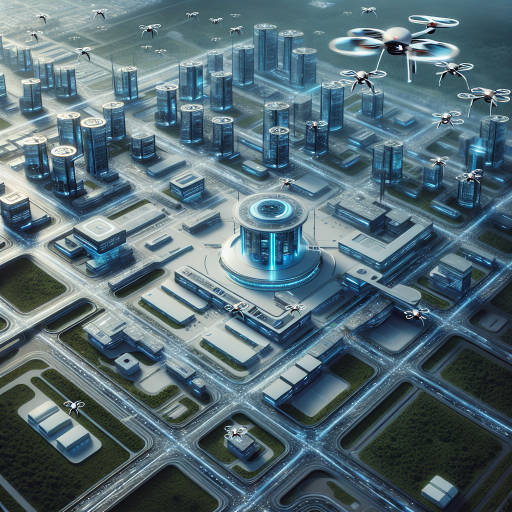 Imagine capturing a stunning aerial view of a futuristic laboratory complex, with sleek drones hovering overhead conducting research experiments on cutting-edge technology. Capture the synergy of drone photography, science, and technology in a single image, showcasing the limitless possibilities of innovation.