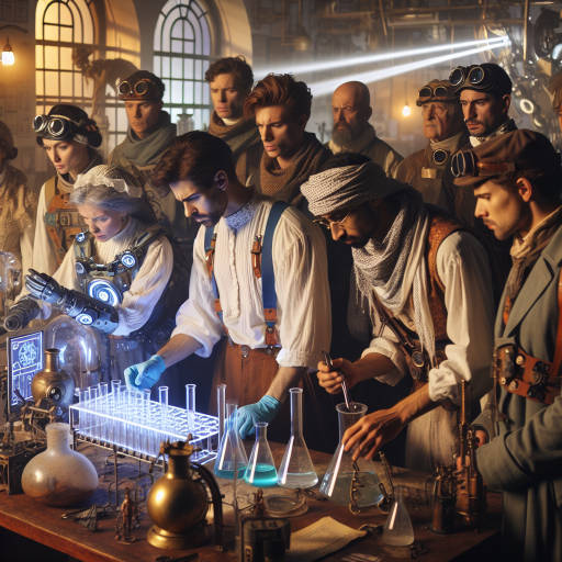 Create an image depicting a group of historical reenactors using advanced technics from a future science era to recreate a significant scientific discovery or experiment from the past.