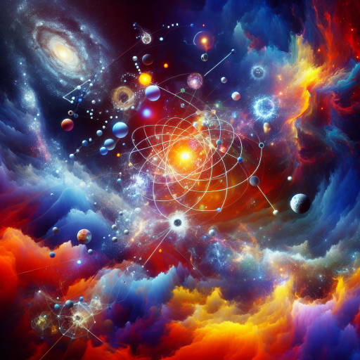 Create an abstract image that combines elements of quantum physics and the cosmos, showcasing the interconnectedness of all matter in a visually stunning and thought-provoking way.