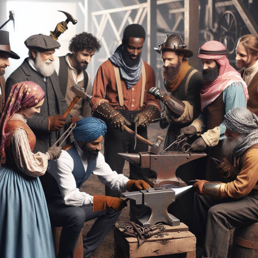 Combine the ancient technique of blacksmithing with a modern twist by imagining a group of people dressed in historical reenactment clothing, working together to create a futuristic invention using traditional tools and methods.