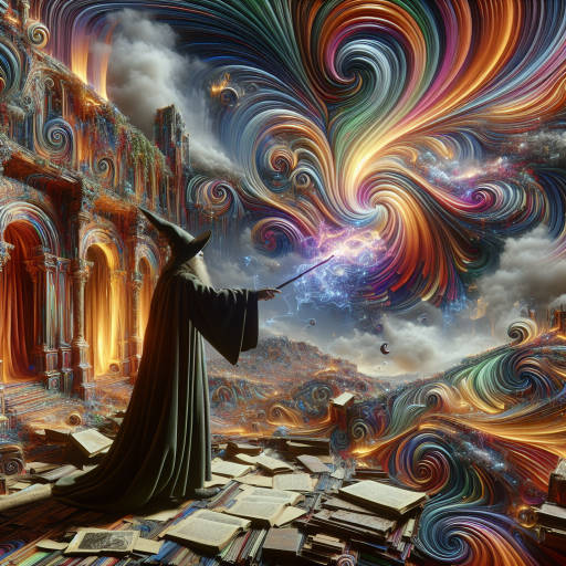 Create an image featuring a historical reenactment of a wizard casting a spell in an abstract, surrealistic setting.