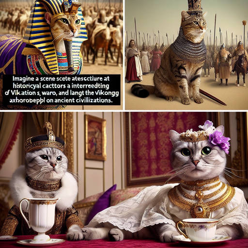 Imagine a historical reenactment where people are dressed in period costumes and acting out scenes from ancient civilizations, but with a twist - instead of humans, the actors are all cats. Picture a regal Egyptian pharaoh cat leading a procession, a fierce Viking warrior cat brandishing a tiny sword, and a elegant Victorian lady cat sipping tea in a lavish parlor. Let your imagination run wild with this purrfectly unique combination of historical reenactments and our feline friends.