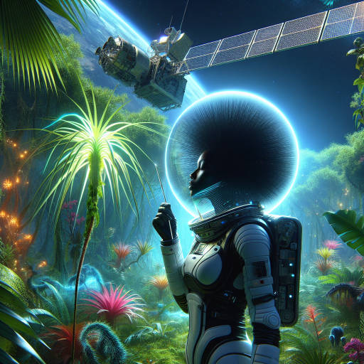 An astronaut in a sleek space suit exploring a lush jungle filled with exotic wildlife, discovering a rare plant that emits glowing, ethereal light. In the distance, a satellite hovers above, observing the cosmic beauty of the scene.