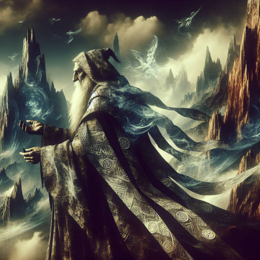 Create an image of an elderly mystic sorcerer, adorned in flowing robes covered in ancient symbols, standing atop a cliff overlooking a mystical realm filled with fantastical creatures and mythical beings.