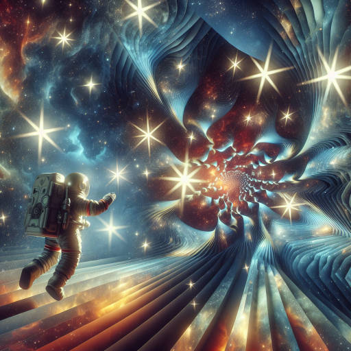 Create an image of a brave astronaut exploring an optical illusion-filled galaxy, where stars seem to shift and morph into impossible shapes as they navigate through the vast unknown of space.