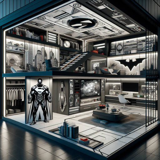 Imagine a futuristic interior design where a heroic superhero's secret lair is hidden in plain sight. The room is filled with sleek, high-tech gadgets and hidden compartments, all seamlessly integrated into the stylish decor. What does this room look like? Create an image that captures the essence of a hero's hidden sanctuary within a modern and sophisticated setting.