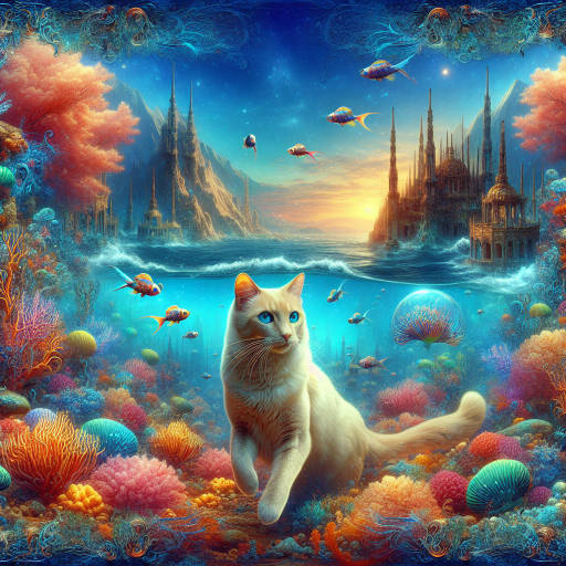 "Create an epic underwater wonder world where cats reign supreme, swimming gracefully through vibrant coral reefs and ancient sunken cities, surrounded by schools of mesmerizing sea creatures."