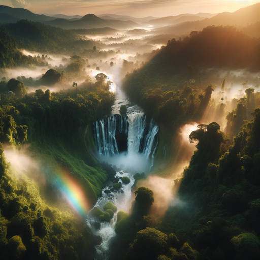 Create an epic drone photograph capturing a majestic waterfall flowing through a lush, ancient forest canopy, illuminated by the soft glow of a setting sun casting a rainbow across the misty waters.