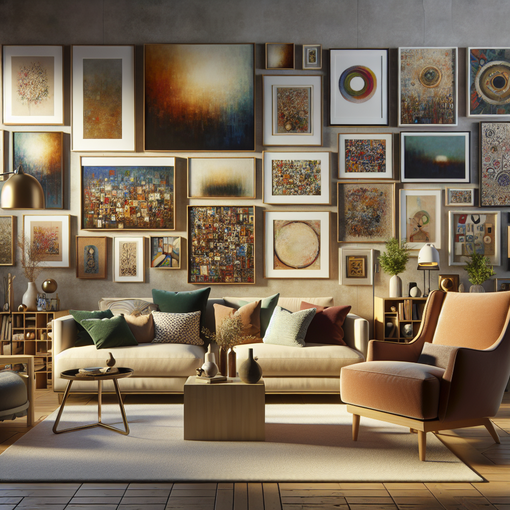 Imagine an eclectic art gallery turned into a cozy living room. Paintings adorn the walls, vibrant hues and abstract shapes creating a visual feast for the eyes. The furniture is a mix of modern and vintage pieces, each piece adding its own artistic flair to the room. How would you capture the essence of this unique space in a painting?