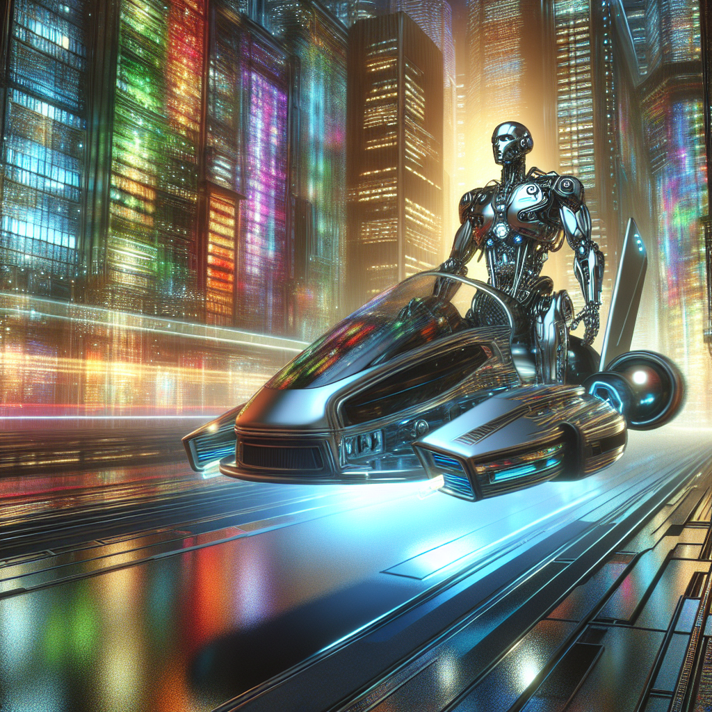 Create an image of a futuristic robot driving a sleek, hovercraft-like transport vehicle through a bustling cityscape, with neon lights reflecting off its metallic exterior.