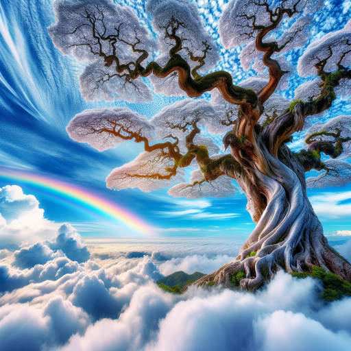 Imagine a majestic old tree growing towards the sky, its branches reaching up to touch the clouds, while a vibrant rainbow stretches across the sky in the background, creating a magical and surreal scene in the midst of nature's beauty.