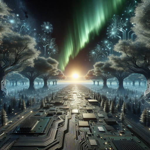 Imagine a vast, otherworldly landscape where towering trees made of circuit boards stretch towards a glowing, digital sun. In the distance, a breathtaking aurora borealis dances across the sky, casting a mesmerizing glow over the metallic leaves and glowing branches. This is a world where nature and science collide in an epic display of beauty and wonder. Create an image that captures the surreal and awe-inspiring fusion of these two realms.