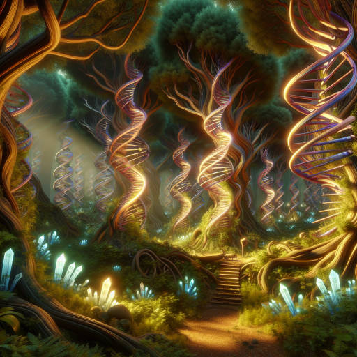 Create an image of a glowing crystal formation deep within a mysterious, otherworldly forest, where the branches are intertwined with strands of DNA and the leaves shimmer with the colors of the electromagnetic spectrum.