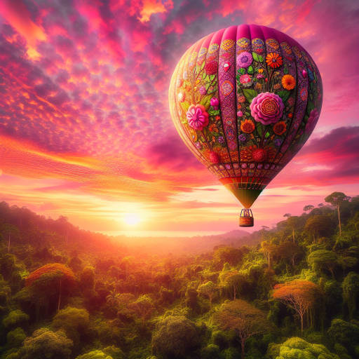 Imagine a majestic hot air balloon floating gracefully through a vibrant pink and orange sunset in a lush, green forest. The balloon is adorned with colorful flowers and leaves, blending seamlessly with the natural surroundings as it soars high above the treetops. The sky is painted with wispy clouds and the last rays of sunlight, creating a magical and tranquil scene that transports you to a peaceful and enchanting world.